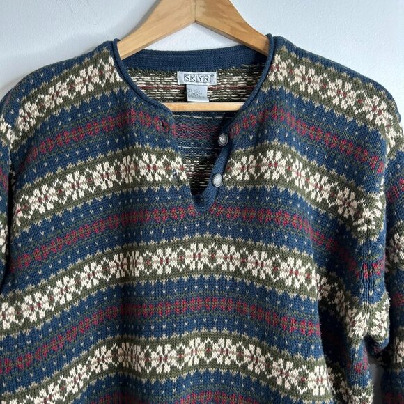 VTG SKYR Sweater Womens L Blue Green Fair Isle Henley Ramie Cotton Knit Pullover - Picture 2 of 7